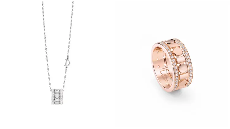DAMIANI Belle Époque Reel系列18K白金寬版鑽石項鍊（左），14萬9900元；18K玫瑰金鑲鑽寬版戒指（右），17萬7300元。品牌提供