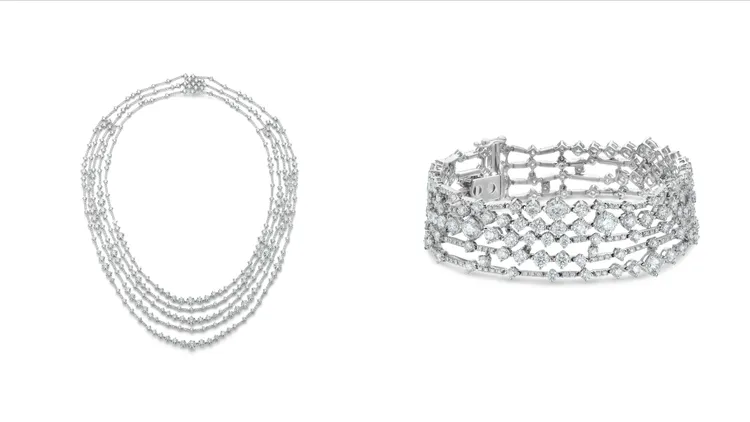 De Beers Arpeggia高級珠寶五行鑽石項鍊（左圖），680萬元；Arpeggia高級珠寶五行鑽石手鍊（右圖），357萬元。品牌提供
