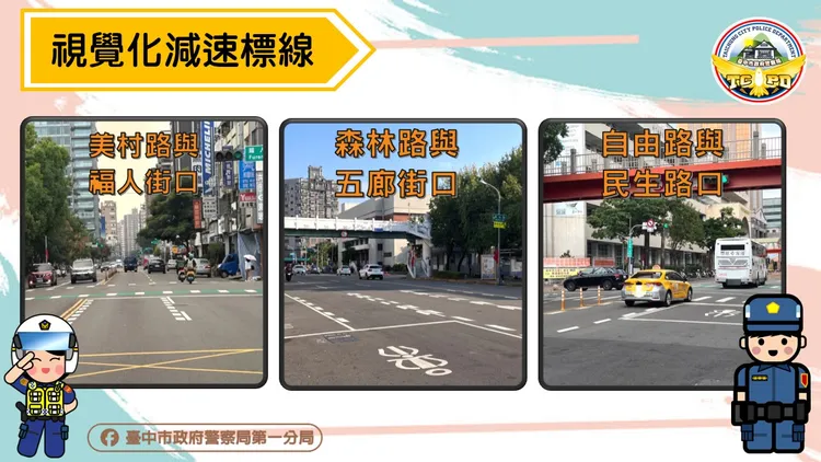 楔型減速標線是參考日本道路設計，利用動態視覺效應營造道路變窄的錯覺，使駕駛人自動減速。警方提供