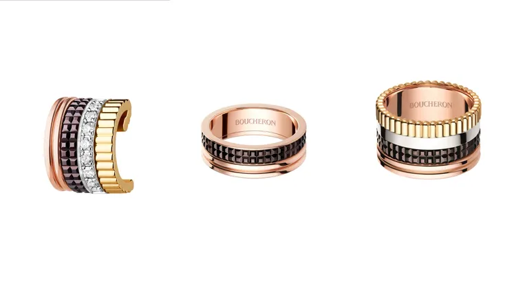 楊謹華佩戴的BOUCHERON Quatre Classique系列（左起）耳扣10萬5000元、戒指19萬4000元、戒指10萬3000元。品牌提供