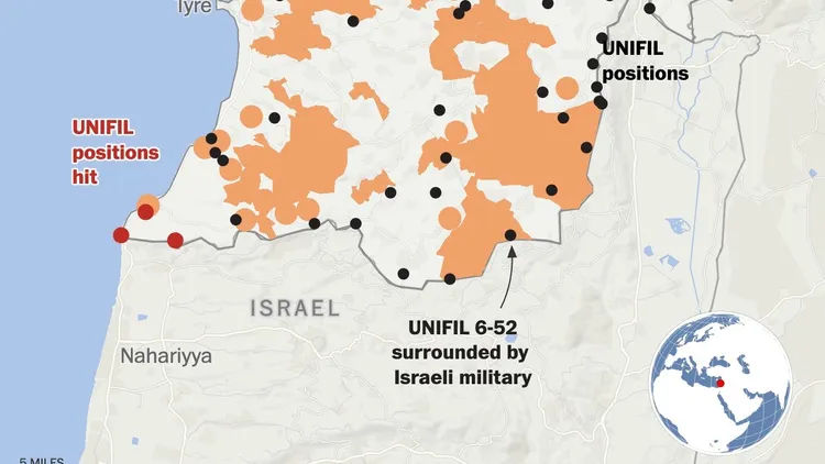 圖中紅點為維和部隊遭以軍襲擊點。翻攝自X@Truth2Pwer