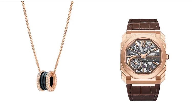 寶格麗B.ZERO1系列黑陶瓷與鑽石項鍊（左）、OCTO FINISSIMO SKELETON 8 DAYS鏤空八日腕錶（右）。品牌提供