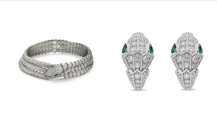 寶格麗SERPENTI系列頂級祖母綠與鑽石項鍊（左）、祖母綠與鑽石耳環。品牌提供
