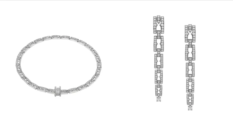 寶格麗B.ZERO1 ROCK CHAIN系列白K金鑽石項鍊（左）、B.ZERO1系列白K金鏤空鑽石耳環（右）。品牌提供