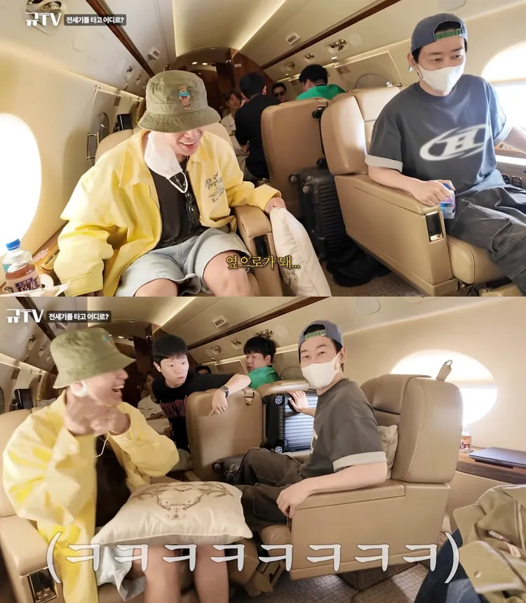 SJ之前搭專機趕巡演，東海（左）、銀赫把座椅當碰碰車玩，嚇壞經紀人（下圖左二）。翻攝YouTube