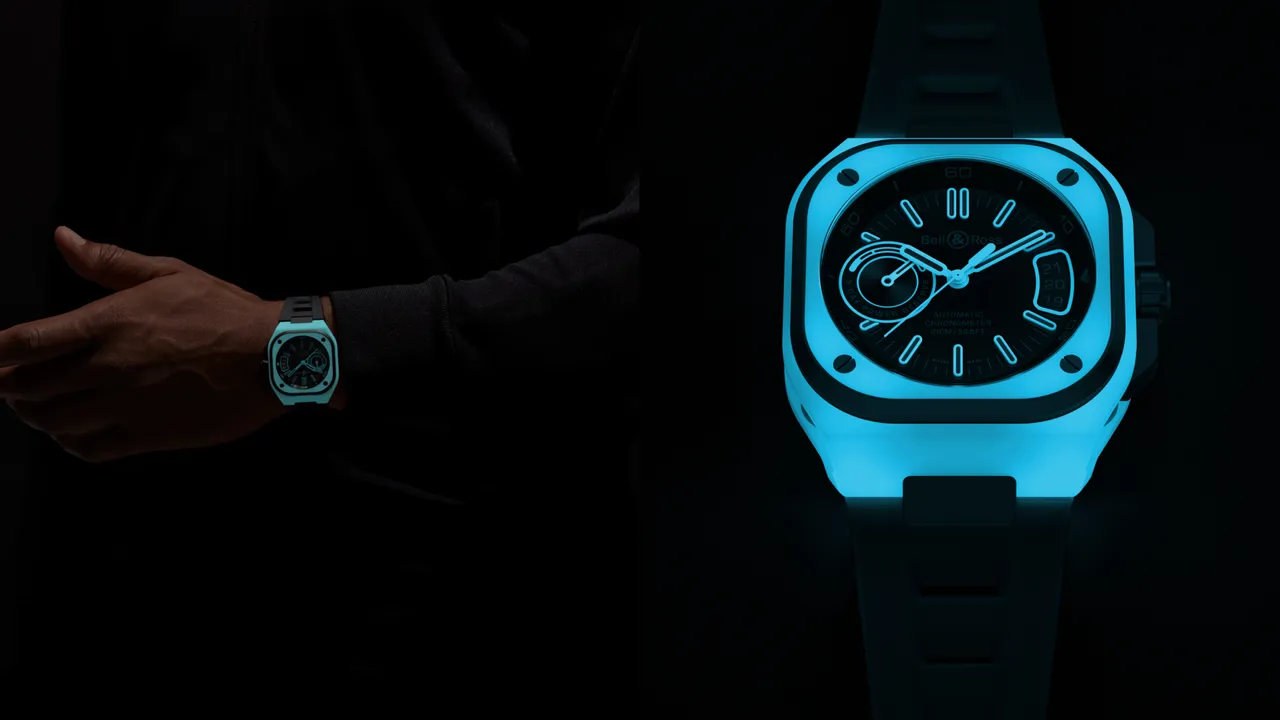 Bell & Ross BR-X5 Blue Lum腕錶,41mm,DLC處理微噴砂2級鈦金屬錶殼,霧面黑錶盤,鏤空黑色橡膠錶帶,BR-CAL.323自動上鍊機械機芯,動力儲存70小時,防水深度100米,限量500只,45萬3000元。品牌提供