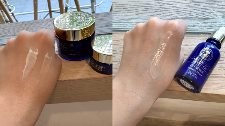 乳香黃金拉提系列精華霜（左圖右）50g／3100元、眼霜（左圖左）15g／2700元、精萃（右圖）30ml／3600元。張家玲攝