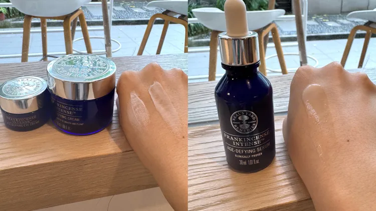 乳香緊緻系列眼霜（左圖左）15g／2300元、精華霜（左圖右）50g／2900元、精萃（右圖）30ml／3300元。張家玲攝