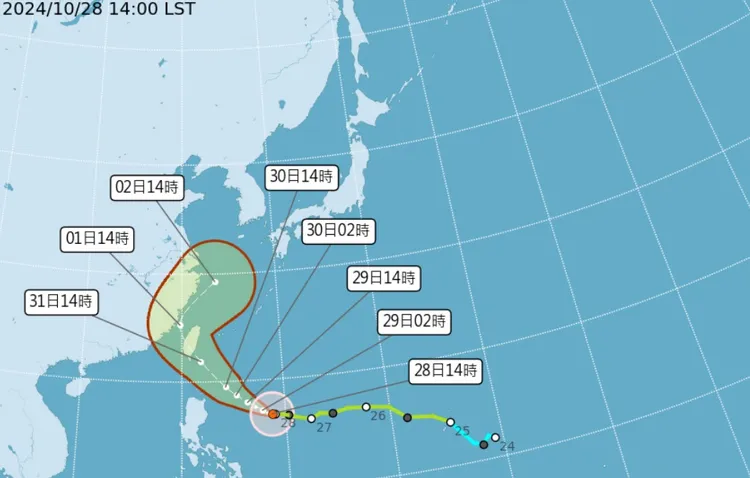 康瑞颱風路徑直奔台灣而來，最新路徑有可能在週四晚間就從台東登陸。中央氣象署