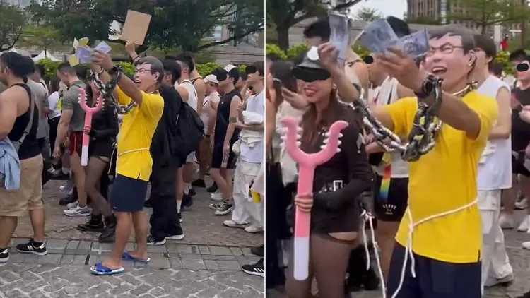 同志遊行隊伍中有人扮成被收押禁見的民眾黨主席柯文哲。彭欣偉攝翻攝自「Mr.柯學先生」臉書