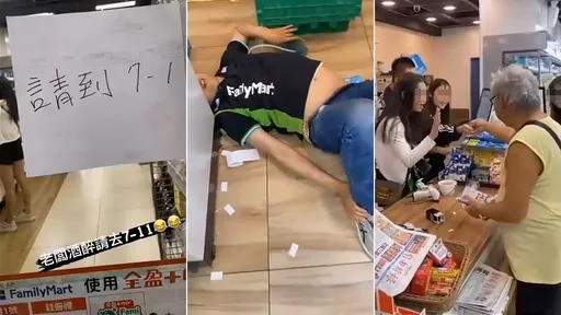 全家門口貼「請到7-11」店員醉倒、顧客結帳　總公司火大出手了