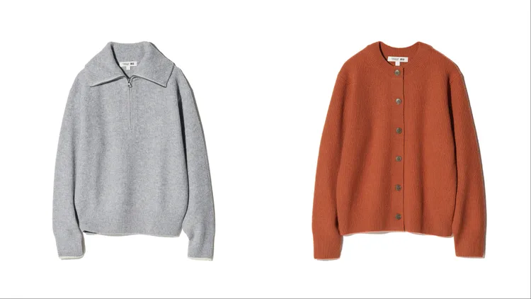 UNIQLO X COMPTOIR DES COTONNIERS小羊毛半開襟拉鍊式毛衣（左）1490元、小羊毛圓領開襟外套（右）1290元。品牌提供