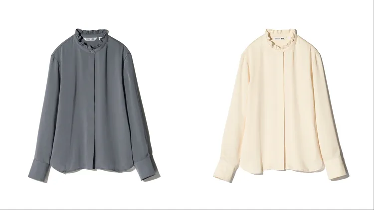 UNIQLO X COMPTOIR DES COTONNIERS緞面荷葉領襯衫，各1290元。品牌提供