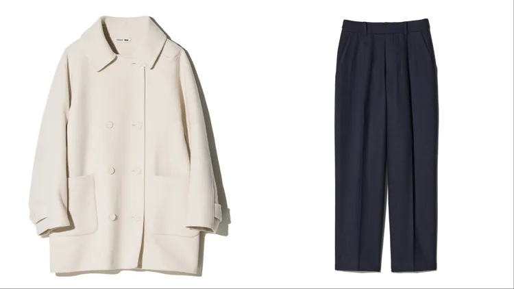 UNIQLO X COMPTOIR DES COTONNIERS雙面織紋短大衣（左）3490元、毛呢打褶長褲（右）1690元。品牌提供