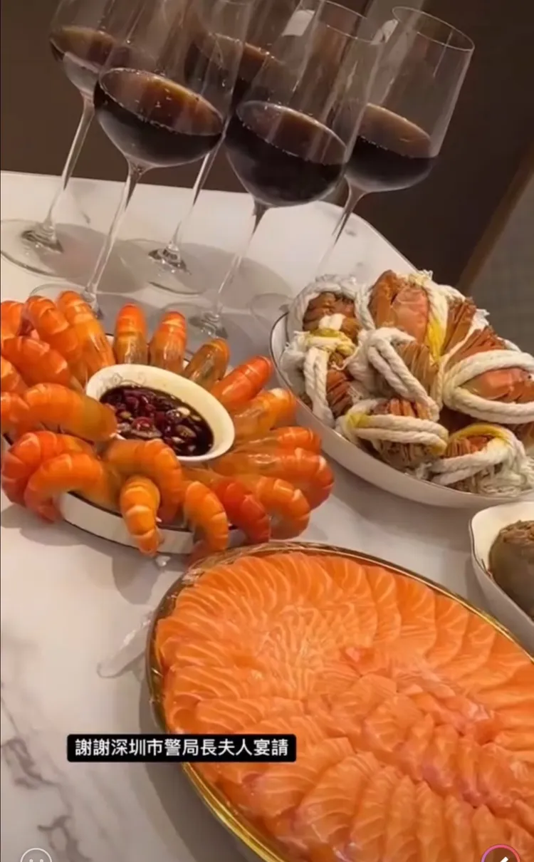 曾男PO出吃海鮮宴的IG照片，註明謝謝深圳官夫人宴請，似乎暗示自己背後很有實力。投訴人提供
