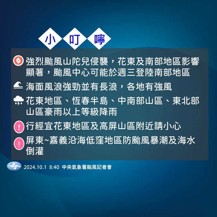 山陀兒颱風小叮嚀。氣象署提供