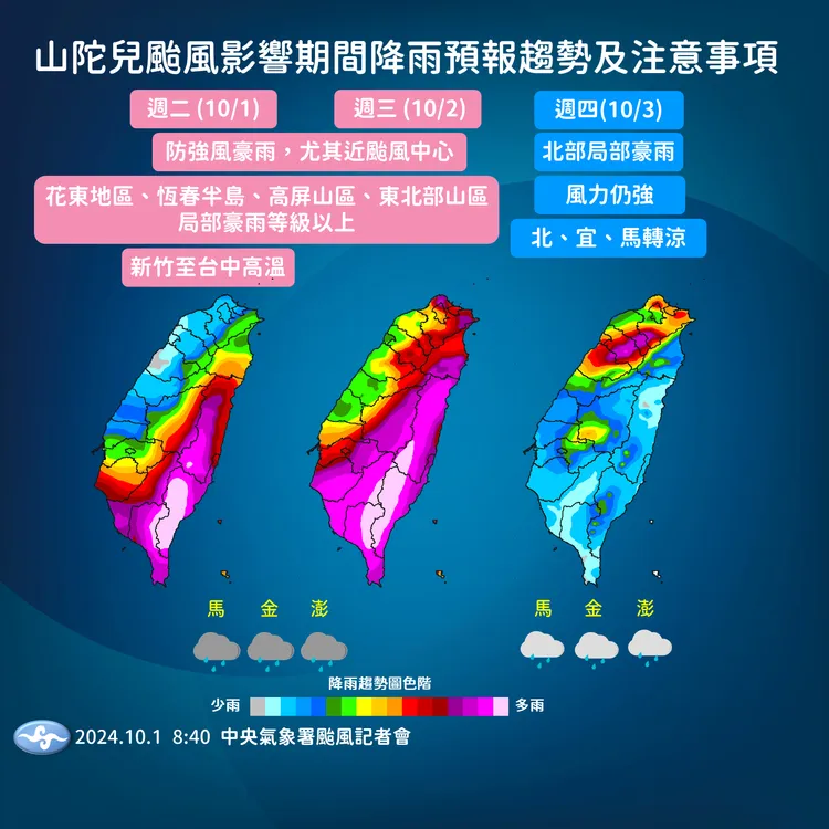山陀兒颱風降雨趨勢與注意事項。氣象署提供
