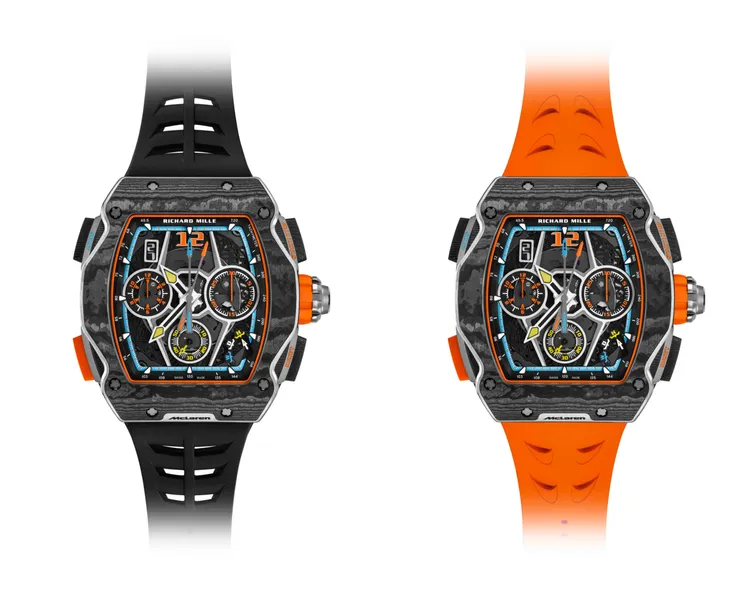 RICHARD MILLE RM 65-01 McLaren W1自動上鍊雙秒追針計時碼錶，43.84*49.94*16.19mm，Carbon TPT碳纖維錶殼，五級鈦合金材質錶盤，橡膠錶帶，RMAC4自動計時機芯，動力儲存60小時，防水深度50米，限量500只。品牌提供