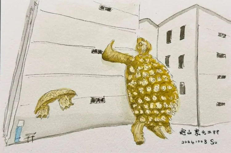 蘇俊賓手繪龜山地景藝術節中的人氣作品「龜吉拉」。翻攝蘇俊賓臉書