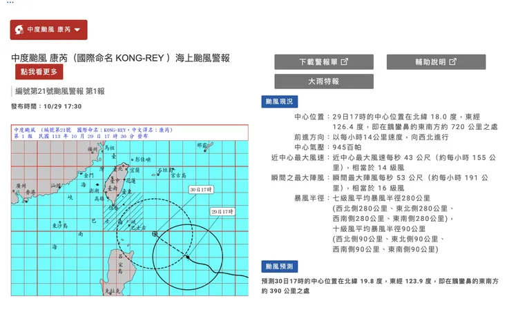 颱風康芮於今日17時30分發布海上颱風警報。取自氣象署網站