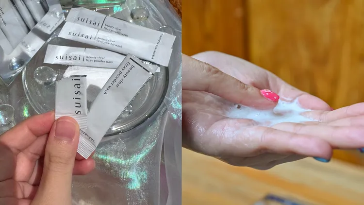 suisai碳酸泡泡毛孔淨透洗顏粉加水後就會自動起泡，外包裝上還有一撕除線標誌，依照標誌位置撕開後，較短那端可裝入最適宜的水量幫助起泡。左圖張家玲攝、右圖品牌提供