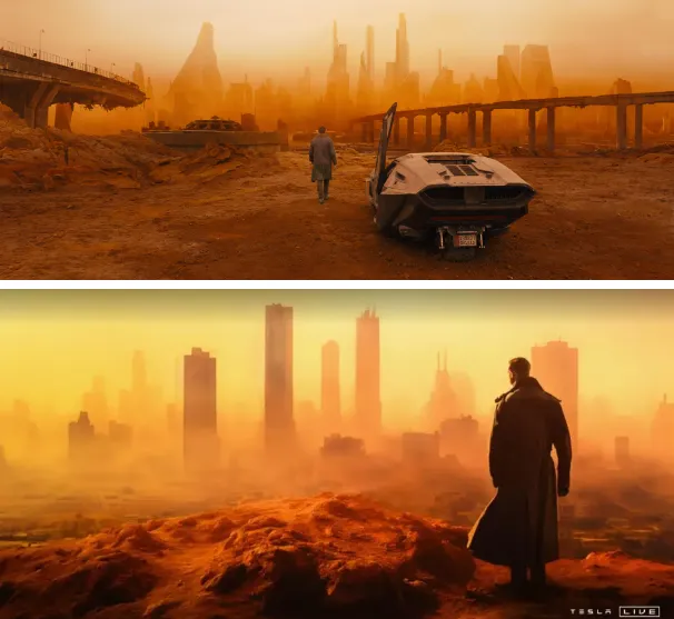 電影「銀翼殺手2049」的畫面（上圖，翻攝銀翼殺手2049），與特斯拉新車發表會的畫面（下圖，翻攝特斯拉）