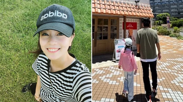 喻虹淵（左圖）曾po沖繩旅遊照，出現長腿男及女童背影（右圖），應該是老公周渝民及女兒。翻攝喻虹淵IG