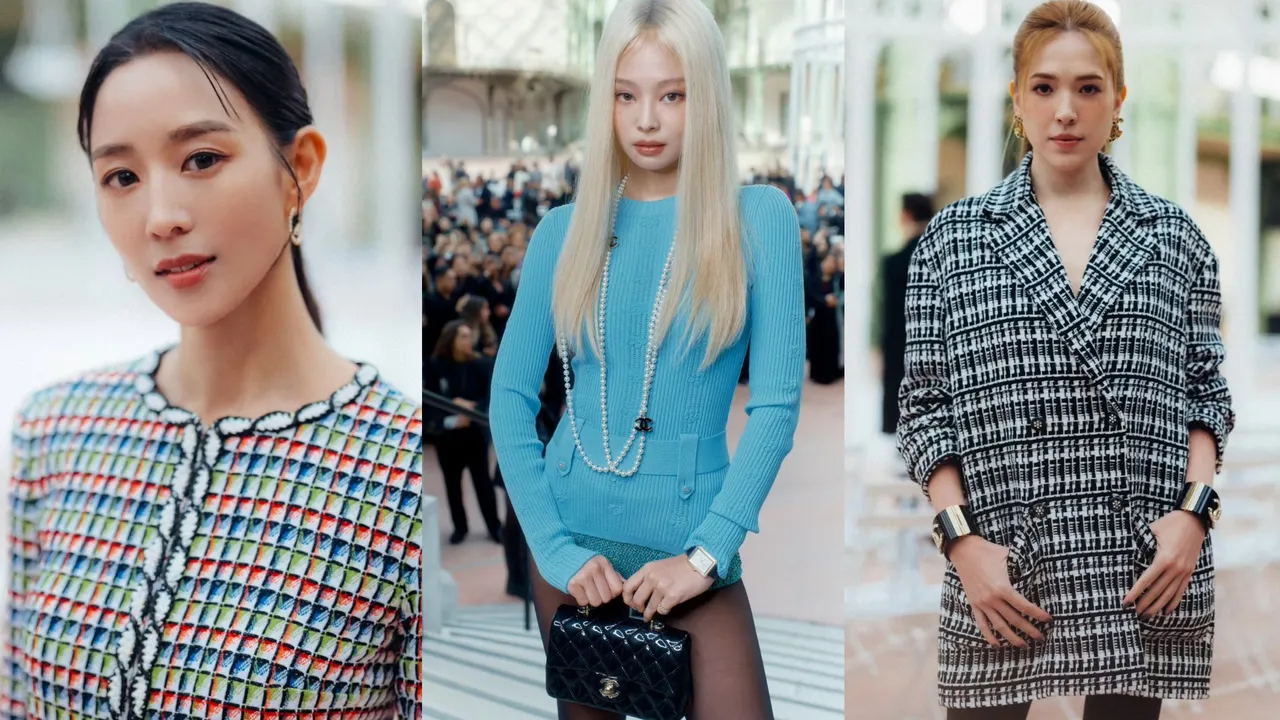 Jennie（中圖）以金髮辣妹造型，現身香奈兒2025春夏大秀，同場還有女星張鈞甯（左圖）與許瑋甯（右圖）。翻攝IG