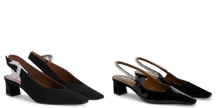 Brendha Allure黑色絨面釦環飾帶跟鞋（左），3萬9800元；Brendha Crystal黑色漆皮水鑽飾帶跟鞋（右），3萬7800元。品牌提供