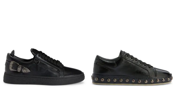 Deluxe黑色雙拉鍊釦環休閒鞋（左），3萬2800元；GZ-city黑色鉚釘皮革休閒鞋（右）
3萬2800元。品牌提供