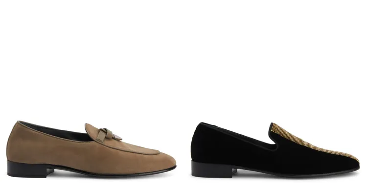 Ewerton米色麂皮樂福鞋（左），3萬9800元；Tuxedo Diamond黑金色天鵝絨樂福鞋（右，3萬9800元。品牌提供