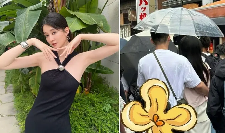 喬欣（左圖）曾被拍到在日本清水寺與男伴親密同遊（右圖），男方被指是賴柏霖。左圖翻攝喬欣微博，右圖翻攝「堿水紐紐包」的小紅書