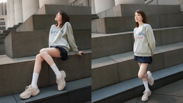 許瑋甯換上灰色長袖上衣、黑色氣球裙搭配WRPD Runner。品牌提供