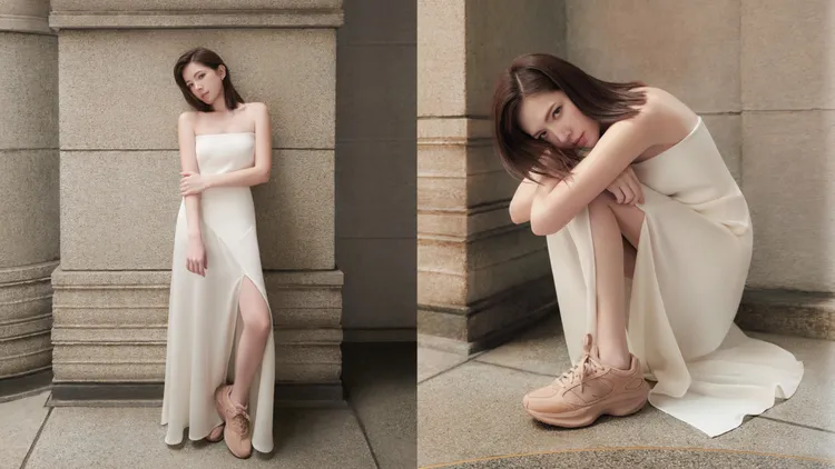 優雅的平口洋裝與WRPD Runner搭出不同風格。品牌提供