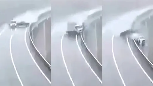 驚悚影片｜轎車飆彎道失控　小貨車衰被撞落百公尺高架橋