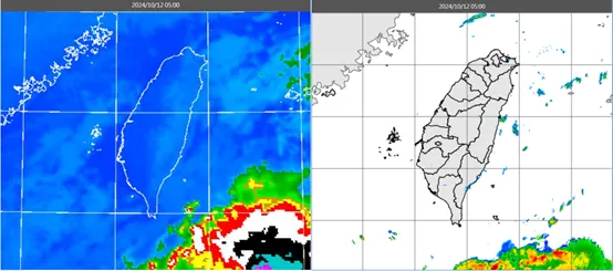 今（12）日清晨台灣附近雲層稀疏（左），東側海面有零星、微弱的回波（右）。氣象應用推廣基金會