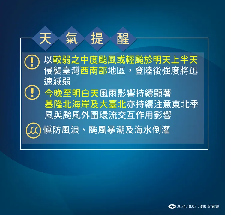 天氣提醒。氣象署提供