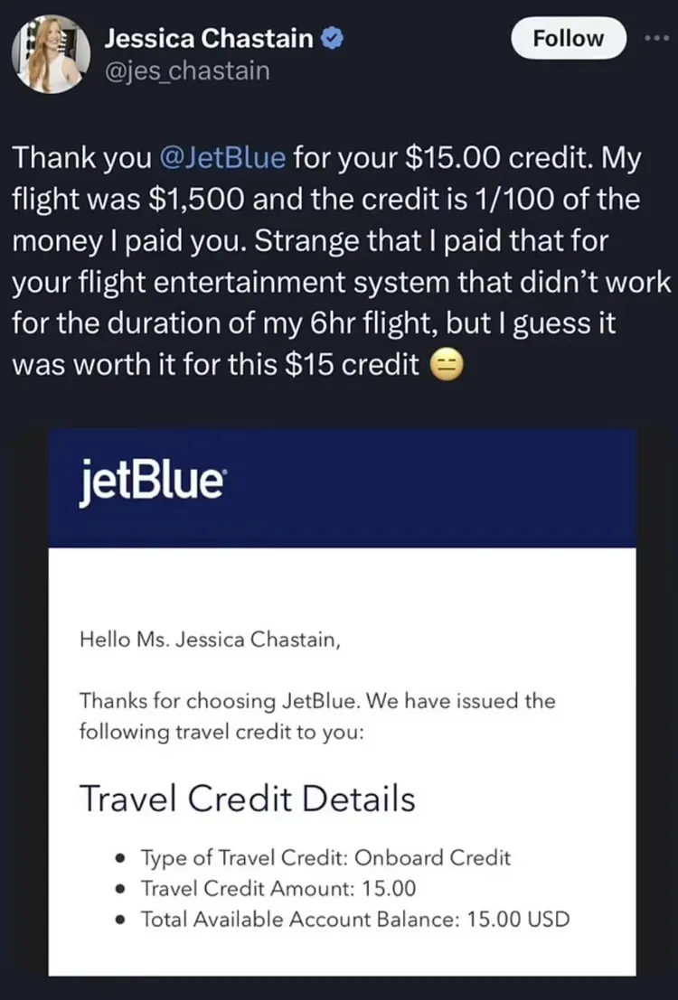 雀絲坦在X抱怨並附上機票收據。