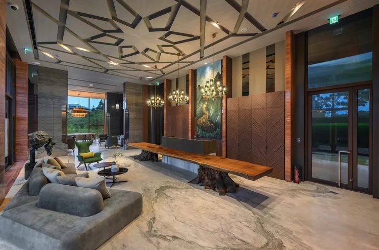 公設規劃以紅洞石溫潤空間色調、挑高6米的落地窗可一覽遼闊綠意景觀。業者提供