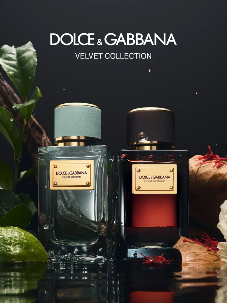 DOLCE & GABBAN天鵝絨高訂系列洌茶之韻（左）、煙幕番紅花（右）香氛，各100ml／9900元。品牌提供