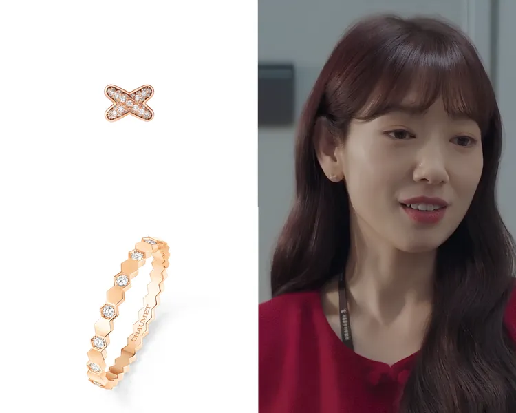 Jeux de Liens 18K玫瑰金耳環（左上）7萬2500元、Bee My Love 18K玫瑰金戒指（左下）8萬9700元。單品圖品牌提供、右圖翻攝影片