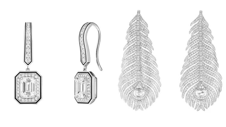Vendome Lisere耳鑽石環（左），182萬元；Plume de Paon耳環（右），361萬元。品牌提供