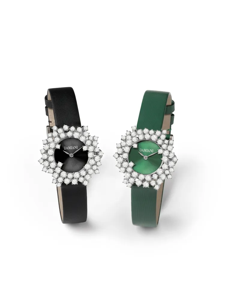 DAMIANI Mimosa含羞草系列鑽錶錶盤無鑽款，各85萬元。品牌提供