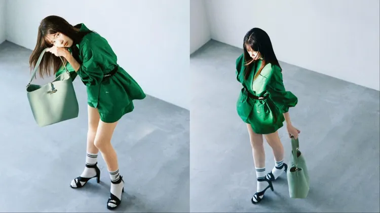 有村架純以一身綠色短洋裝搭配同色系的Le Roseau包。翻攝有村架純IG