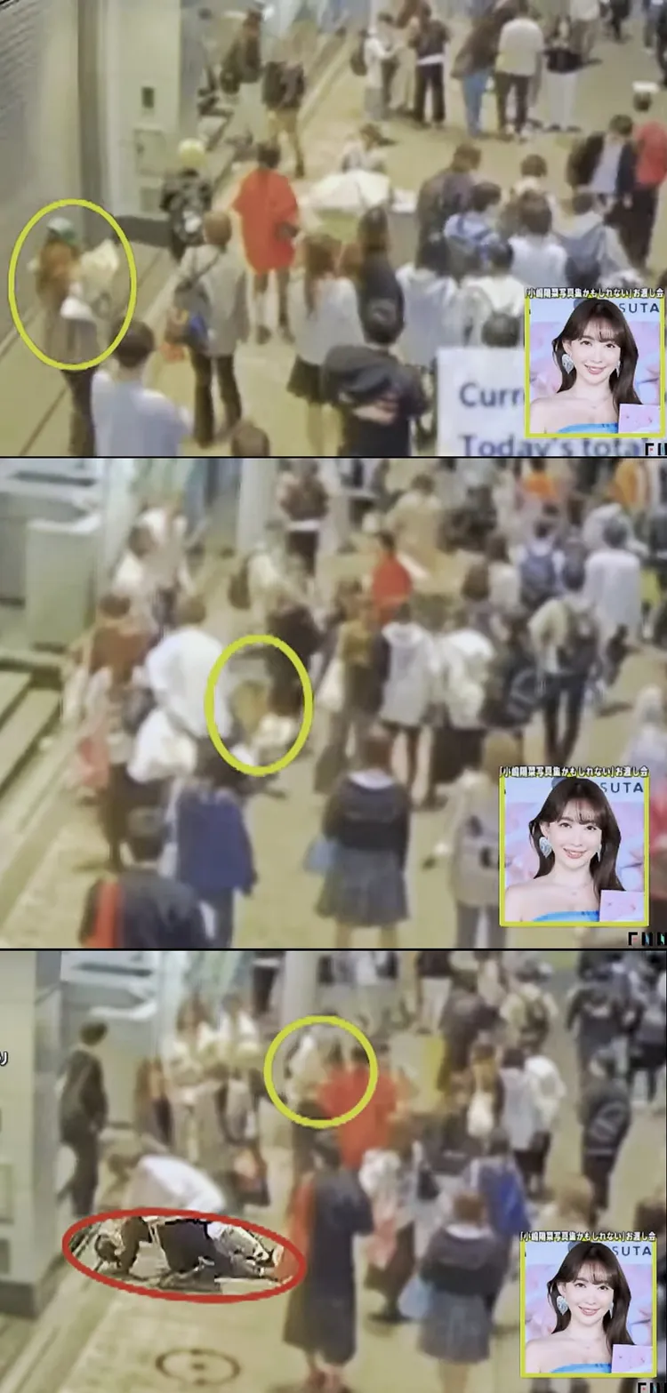 監視器拍到小嶋陽菜（上圖黃圈處）抱著花走出會場，被嫌犯抱住倒地（中圖），工作人員立刻將兩人拉開，制伏嫌犯（下圖紅圈處）。翻攝FNN