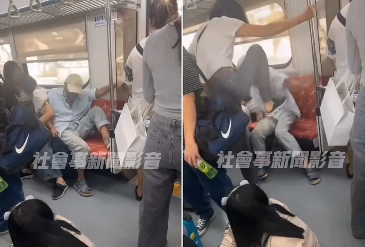 老翁獨自霸佔2人座的博愛座，女乘客想坐下被他硬頂出去，氣得女乘座一度作勢踢人。翻攝「社會事新聞影音」