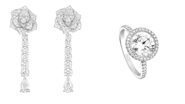 Piaget Rose頂級珠寶系列 18K 白金鑽石耳環（左圖）550萬元、Piaget Passion 系列鉑金鑽石戒指（右圖）530萬元。品牌提供