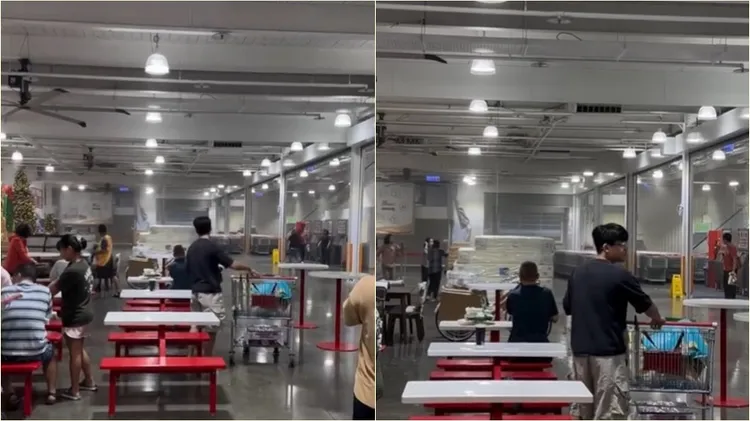 賣場仍有人在用餐，也有網友表示並不是好市多屋頂真的被吹走，而是出入口風雨吹進來，造成灰塵與帆布亂飛。翻攝畫面