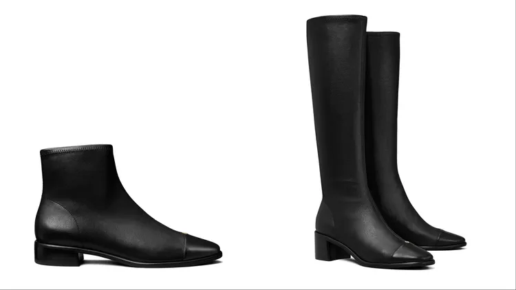 TORY BURCH拼色平底踝靴（左）1萬7900元、拼色過膝長靴（右）2萬4900元。品牌提供