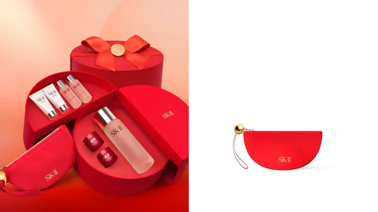 SK-II在新光三越限量販售的驚喜圓盒，集結多樣明星商品，還有獨家紅色麂皮化妝包。品牌提供